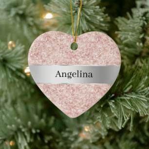 Roze Glitter Glans Zilveren Lint Kerst Keramisch Ornament