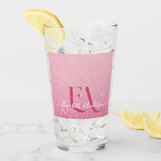 Roze Glitter Glass Cup met naam en Initialen Glas (Voorkant ijs)