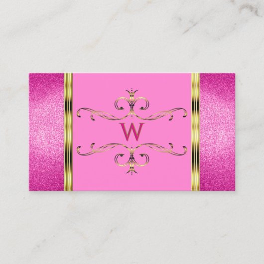 Roze Glitter Gold Border Ornamental met Monogram Visitekaartje (Voorkant)