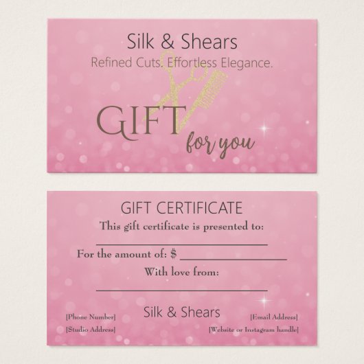 Roze Glitter & Gold Hair Studio Cadeaubon Visitekaartje (Voorkant /achterkant)