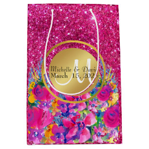Roze Glitter Golden Metal Lijst Floral Monogrammen Medium Cadeauzakje