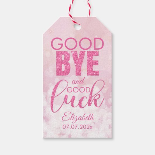 Roze glitter Goodbye en Good Luck Cadeaulabel (Voorkant)
