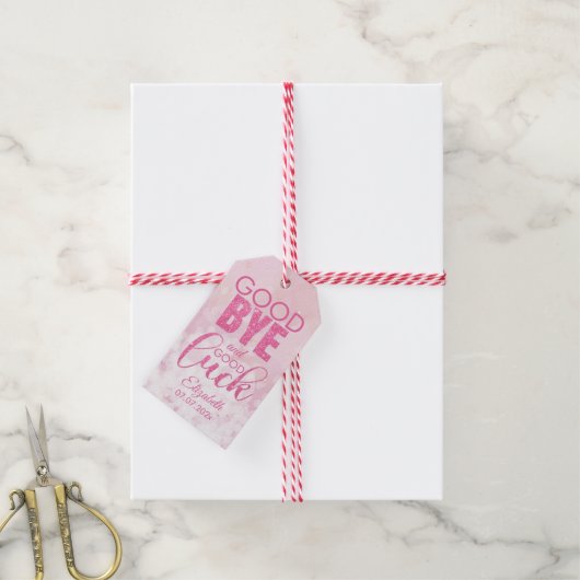 Roze glitter Goodbye en Good Luck Cadeaulabel (Met Touw)