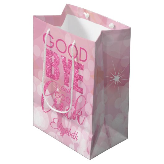 Roze glitter Goodbye en Good Luck Medium Cadeauzakje (Voorkant Gekanteld)