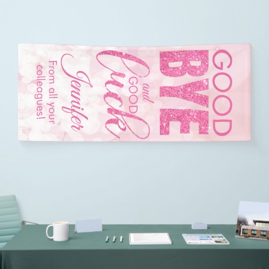 Roze glitter Goodbye en Good Luck Spandoek (Beurs)