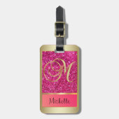 Roze Glitter Gouden Monogram Letter M  Bagagelabel (Voorkant verticaal)