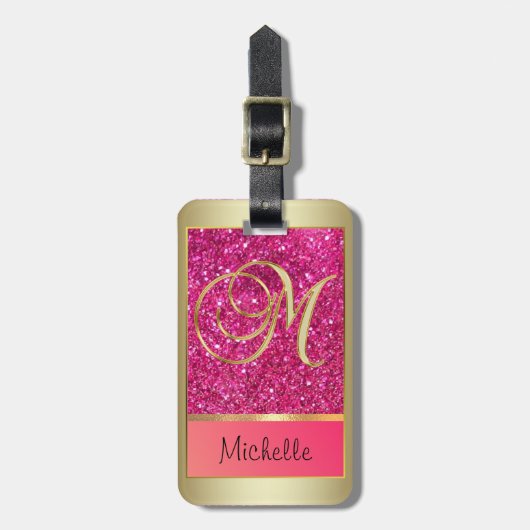 Roze Glitter Gouden Monogram Letter M  Bagagelabel (Voorkant verticaal)