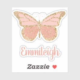 Roze Glitter Gouden Vlinder Naam Sticker