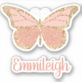 Roze Glitter Gouden Vlinder Naam Sticker (Voorkant)