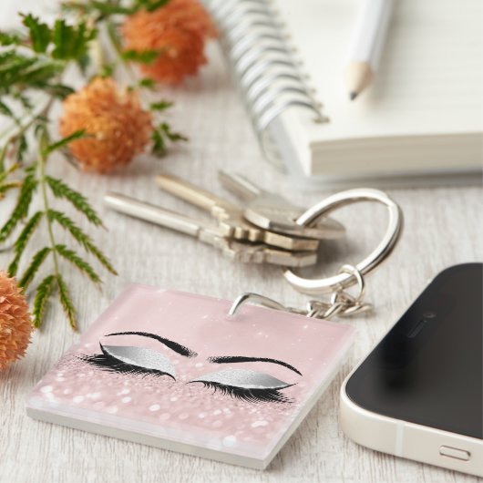 Roze Glitter Gray Girly Makeup Lashes Name Eyes Sleutelhanger (Voorkant Rechts)