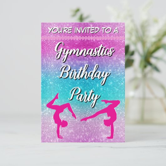 Roze Glitter Gymnastiek Verjaardag Uitnodiging (Staand voorkant)