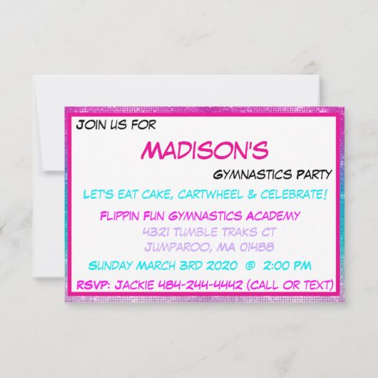 Roze Glitter Gymnastiek Verjaardag Uitnodiging (Achterkant)