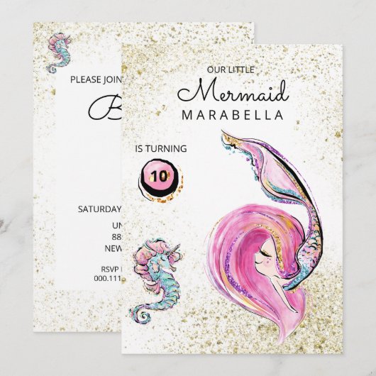 *~* Roze Glitter Haar Zeemeermin Verjaardagsfeest Kaart (Voorkant / Achterkant)