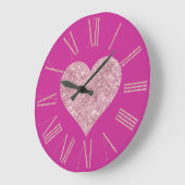 Roze Glitter Hart op Fuchsia Grote Klok (Hoek)