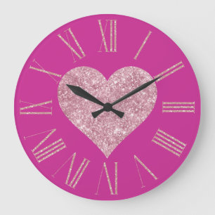 Roze Glitter Hart op Fuchsia Grote Klok