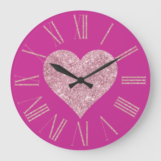 Roze Glitter Hart op Fuchsia Grote Klok (Voorkant)