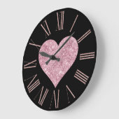 Roze Glitter Hart op Zwart Grote Klok (Hoek)