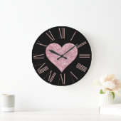 Roze Glitter Hart op Zwart Grote Klok (Huis)
