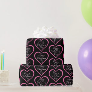 Roze Glitter Hart op Zwarte Valentijnsdag Cadeaupapier