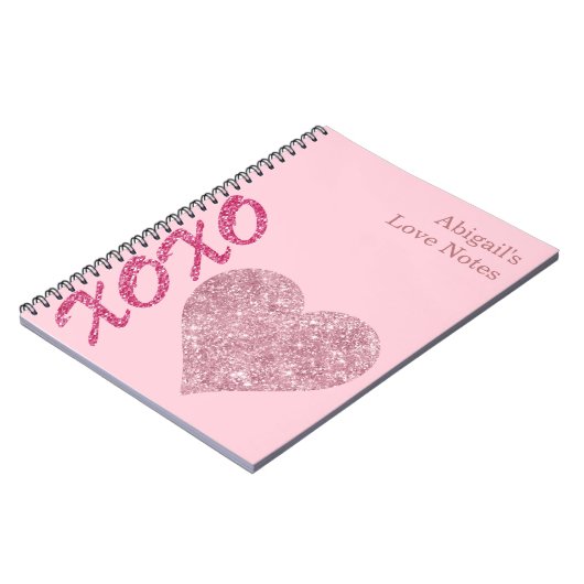 Roze Glitter Hart XOXO Custom Naam Love Notes Notitieboek (Linkerzijde)