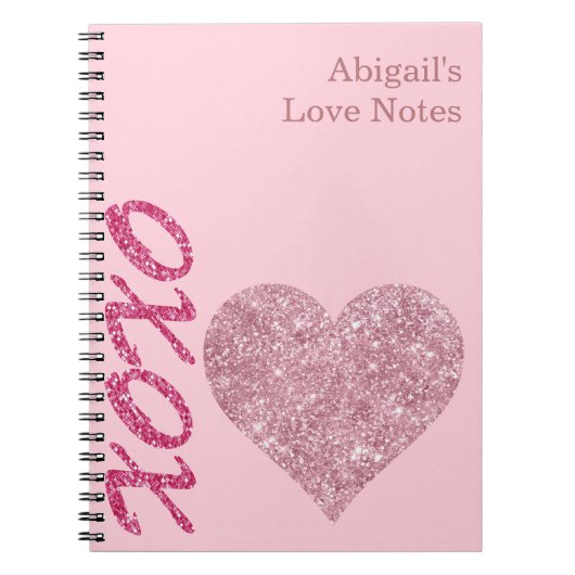 Roze Glitter Hart XOXO Custom Naam Love Notes Notitieboek (Voorkant)