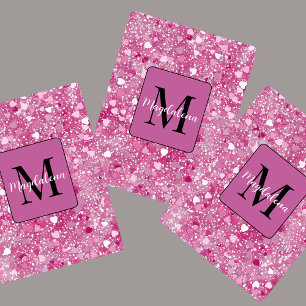 Roze Glitter Harten Naam Monogram Girly Pokerkaarten