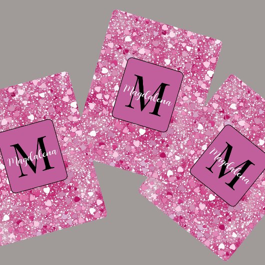 Roze Glitter Harten Naam Monogram Girly Pokerkaarten