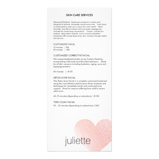 Roze Glitter Heart Esthetician Service Price Menu (Voorkant)