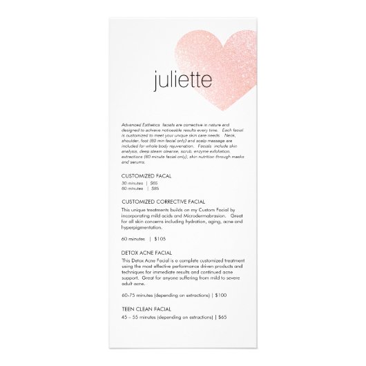 Roze Glitter Heart Esthetician Service Price Menu (Voorkant)
