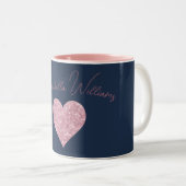 Roze Glitter Heart op Navy Blue Tweekleurige Koffiemok (Voorkant rechts)