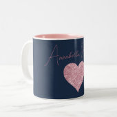 Roze Glitter Heart op Navy Blue Tweekleurige Koffiemok (Voorkant links)