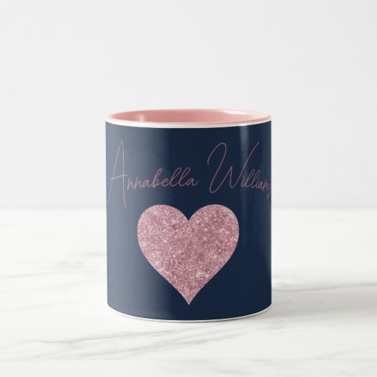 Roze Glitter Heart op Navy Blue Tweekleurige Koffiemok (Center)