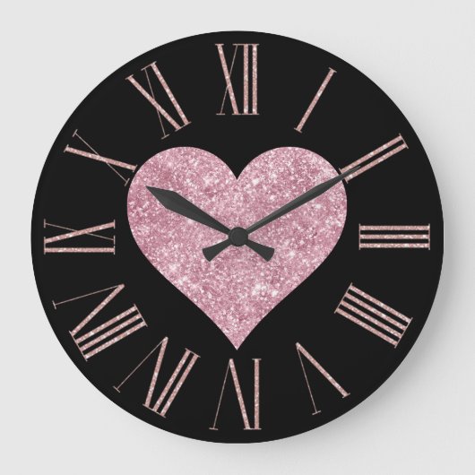 Roze glitter Heart op zwart Grote Klok (Voorkant)