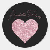 Roze glitter Heart op zwart Ronde Sticker (Voorkant)