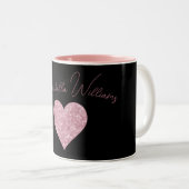 Roze glitter Heart op zwart Tweekleurige Koffiemok (Voorkant rechts)