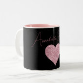Roze glitter Heart op zwart Tweekleurige Koffiemok (Voorkant links)