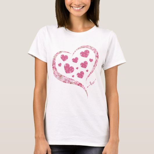 Roze Glitter Heart Romantic Happy Valentine Day T-shirt (Voorkant)