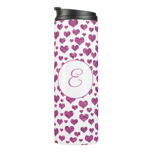 Roze Glitter Hearts Patroon Monogram Aangepast Thermosbeker (Geroteerd rechts)