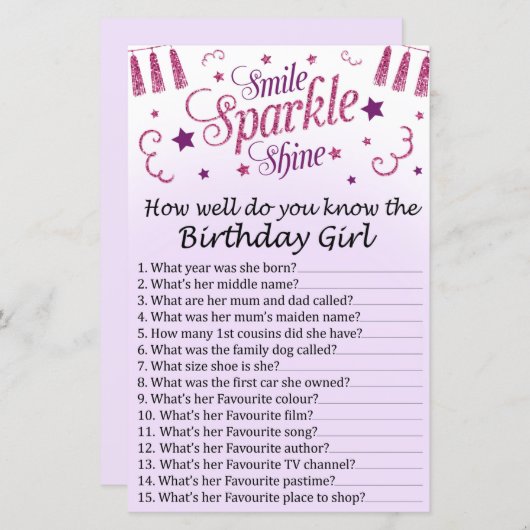 Roze glitter Hoe goed ken je het verjaardagsfeest? (Voorkant / Achterkant)