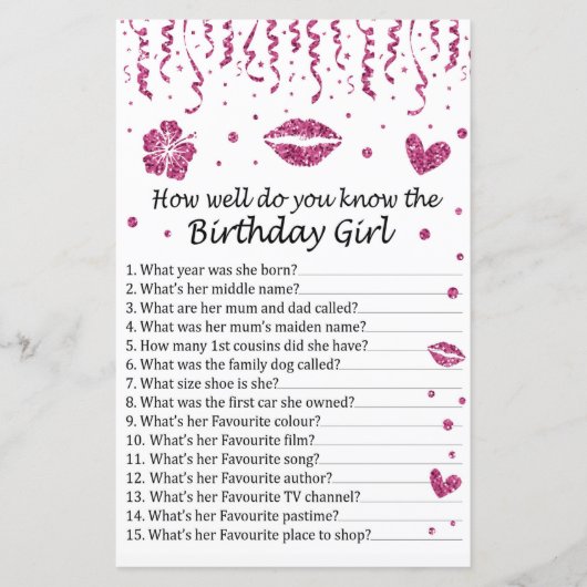 Roze glitter Hoe goed ken je het verjaardagsfeest? (Voorkant)