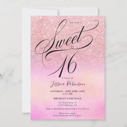 roze glitter holografisch script Sweet 16 Kaart (Voorkant)