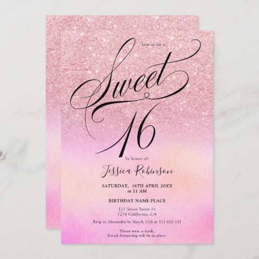 roze glitter holografisch script Sweet 16 Kaart (Voorkant / Achterkant)