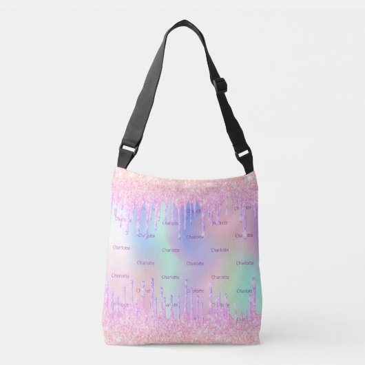 Roze glitter holografische aangepaste naam crossbody tas (Voorkant)