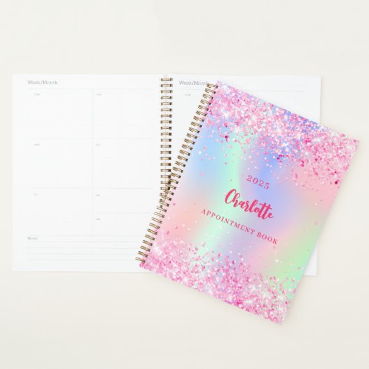 Roze glitter holografische naam 2026 planner (Display)