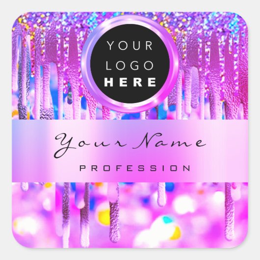 Roze Glitter Holographic Business Logo Naam Vierkante Sticker (Voorkant)