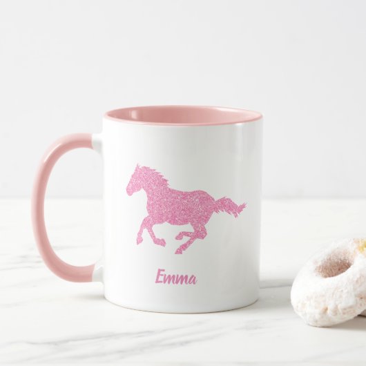 Roze Glitter Horse Little Girl First Name Animal Mok (Met donut)