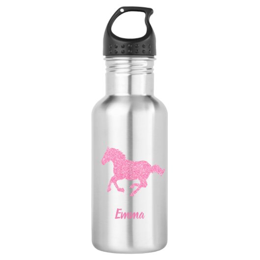 Roze Glitter Horse Little Girl First Name Animal Waterfles (Voorkant)
