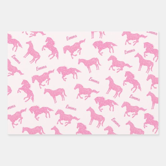 Roze Glitter Horse Pattern Girl Name Birthday Inpakpapier Vel (Voorkant)