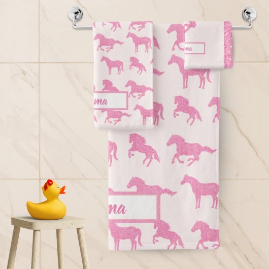 Roze Glitter Horse Pattern Little Girl Voornaam Bad Handdoek