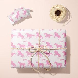 Roze Glitter Horse Pattern Little Girl Voornaam Cadeaupapier